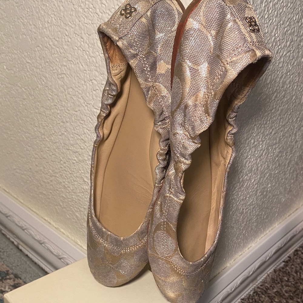 Coach Champagne Logo Elastic Ballet Flats